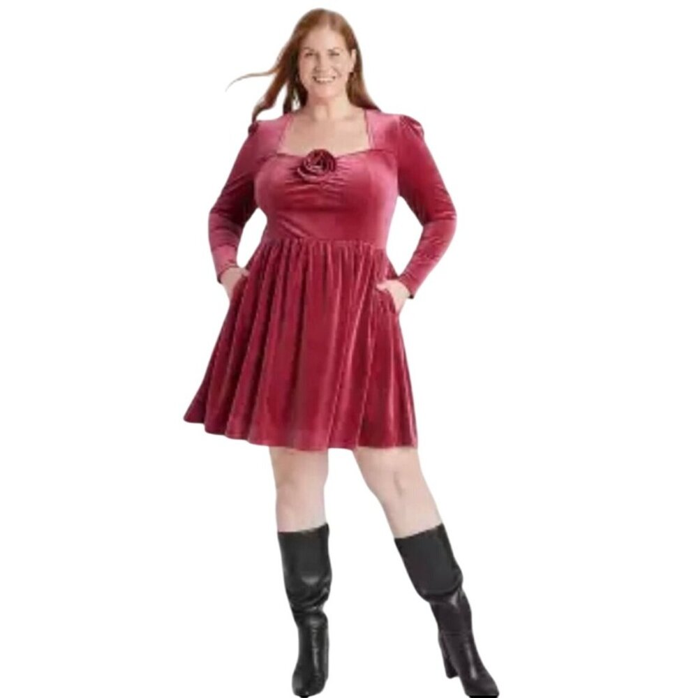 Ava & Viv Womens 2X Red Velvet Long Sleeve Dress With Rose Accent
